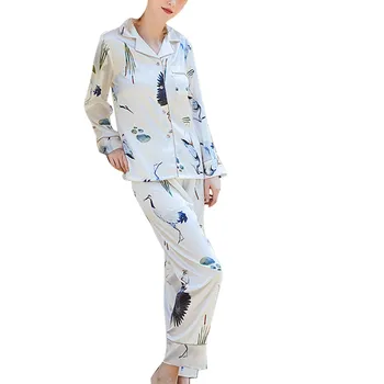 

2019 Summer Women Pajamas Sets Sleepwear Long Sleeve Printed Nightwear Satin Top Pants Sets a0404
