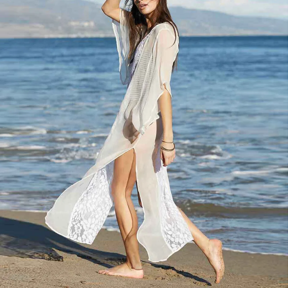 

2019 Summer Women Solid Chiffon Bikini Cover Up Split Patchwork Beach Dress Kaftan Beachwear Swim Suit Bathing Suit Pareos Capes