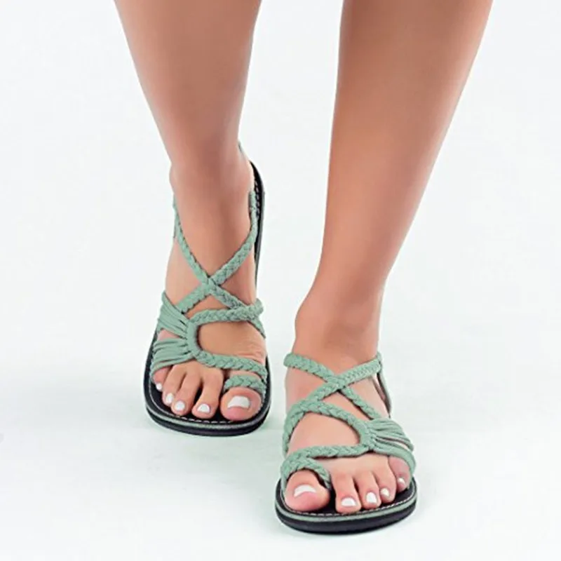 Women Flat Sandals Nylon Rope Flip Flops Women Sandals Outdoor Beach Shoes Woven Strap Chunky Sandals Plus Size Women Shoes