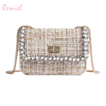 

Remiel Women Handbags 2018 New High quality Qoolen Small Square bag Women's Designer Handbag Pearl Chain Shoulder Messenger bags