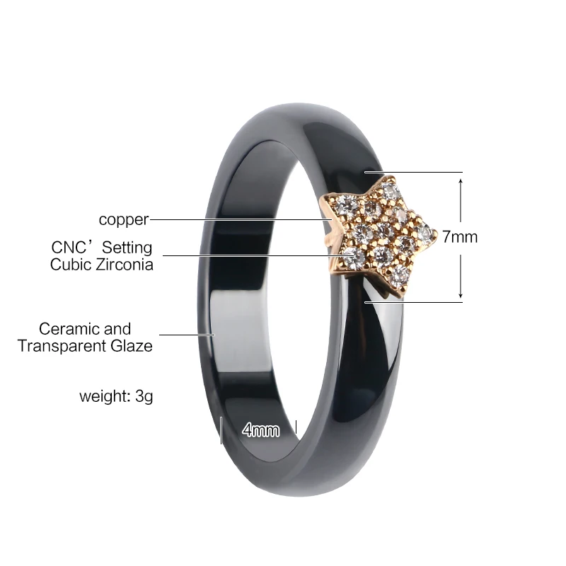 TUHE Новое керамическое кольцо с кристаллами и звездами цвета розового золота с 4 мм широкими керамическими кольцами черно-белые кольца для женщин модные ювелирные изделия подарки
