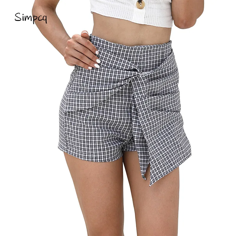 Hot Sale Yo-Ga Yellow Black Plaid Shorts Women's Casual Cotton Linen Loose Split Irregular Shorts Women's Short Elastic Waist 