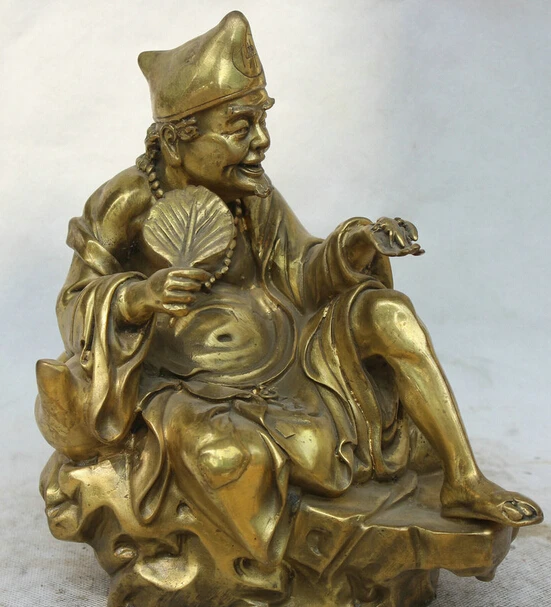 

002294 9" Chinese Buddhism immortal Brass seat Mad Monk fan Ji Gong Buddha Statue