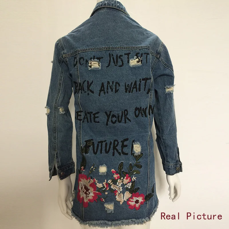 Finest Embroidery Womens Jackets And Coats 2019 Autumn Ripped Oversized Long Denim Jacket Women Plus Size