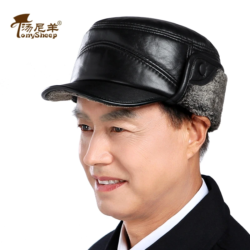 Genuine leather hat male quinquagenarian male winter hat ear men's