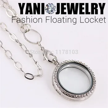 

10pcs/lot Top sale 30mm Round Floating Locket with Rhinestone Openable Magnetic Glass Locket(chains is free)