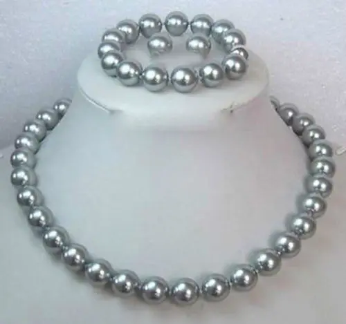 

Wholesale price 16new ^^^^10MM Gray Shell Pearl Round Beads Necklace Bracelet / Earrings Set