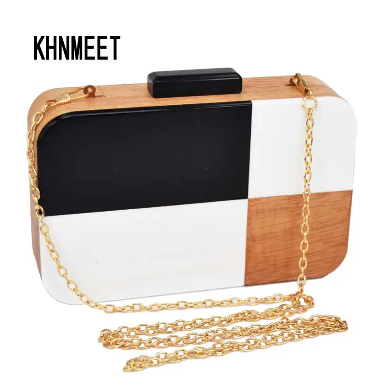 

Fashion lovely Black White Evening Clutch Bag Wedding Bride Clutches Wood Lattice Chain Handbag Lady Envelope Shoulder bag SA37