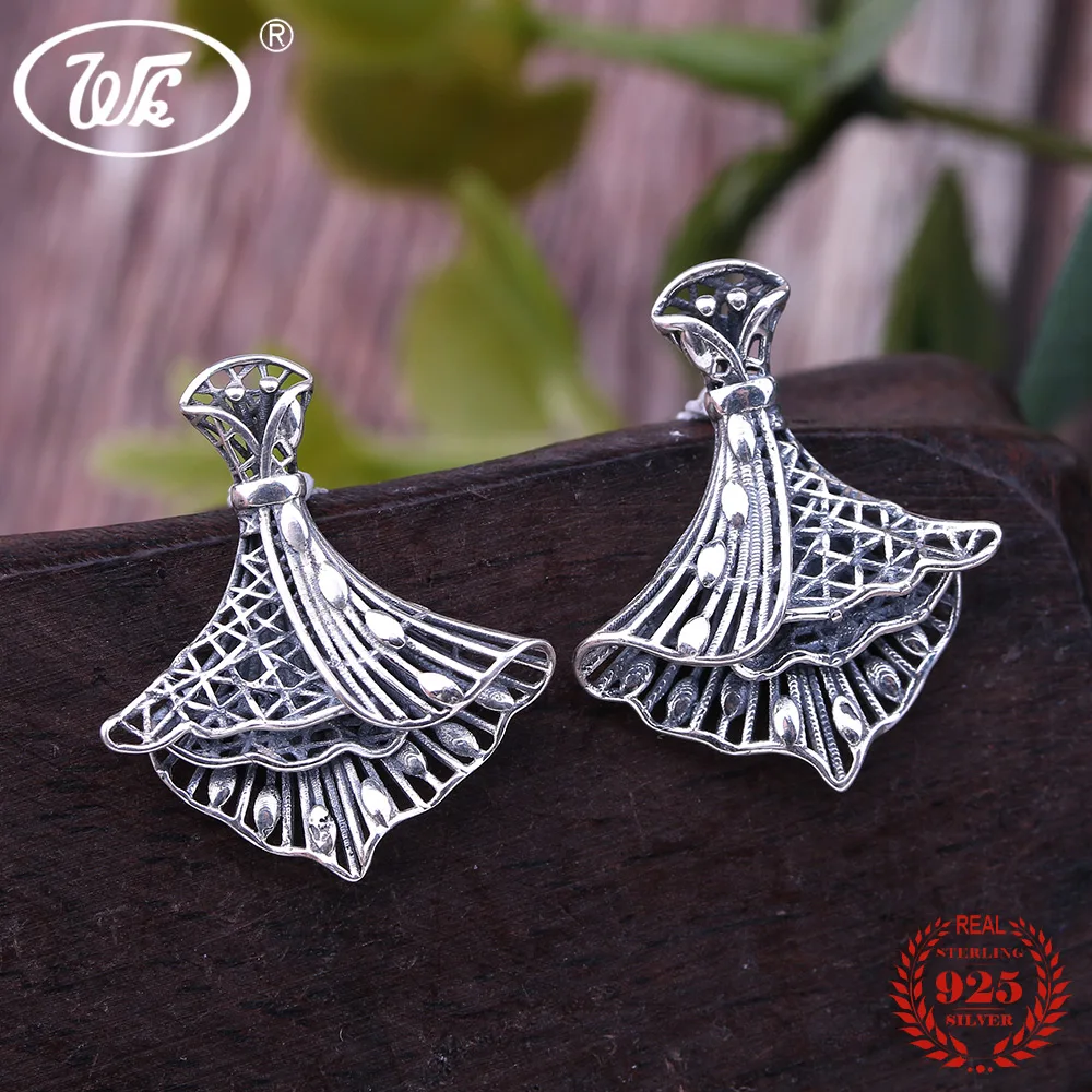 

WK NEW Handmade 925 Thai Silver Black Strapless Dress Shaped Vintage Antique Earrings Jewelry Woman Party Earings Gift 4W EA097