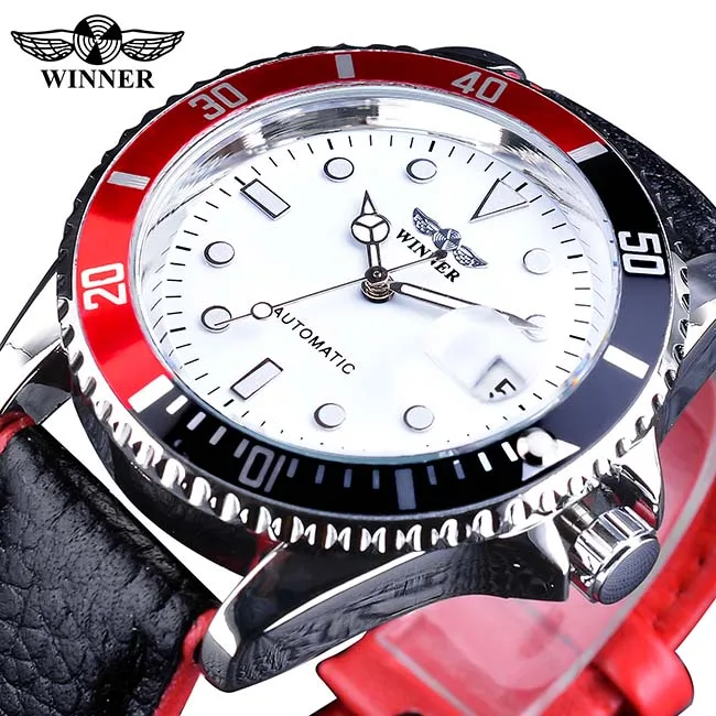 Winner, модные черные и красные спортивные часы с календарем, автоматические часы для мужчин, светящиеся стрелки, натуральная кожа - Цвет: GMT975-6