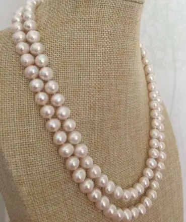 

free shipping >>>>noble jewelry double strands 9-10mm Freshwater round white pearl necklace 17-18inch
