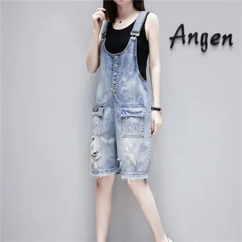 

Rompers 2020 Summer Women High Street Fashion Pockets Single Breasted Vintage Hole Half Straight Loose Denim Pants Shorts Jeans
