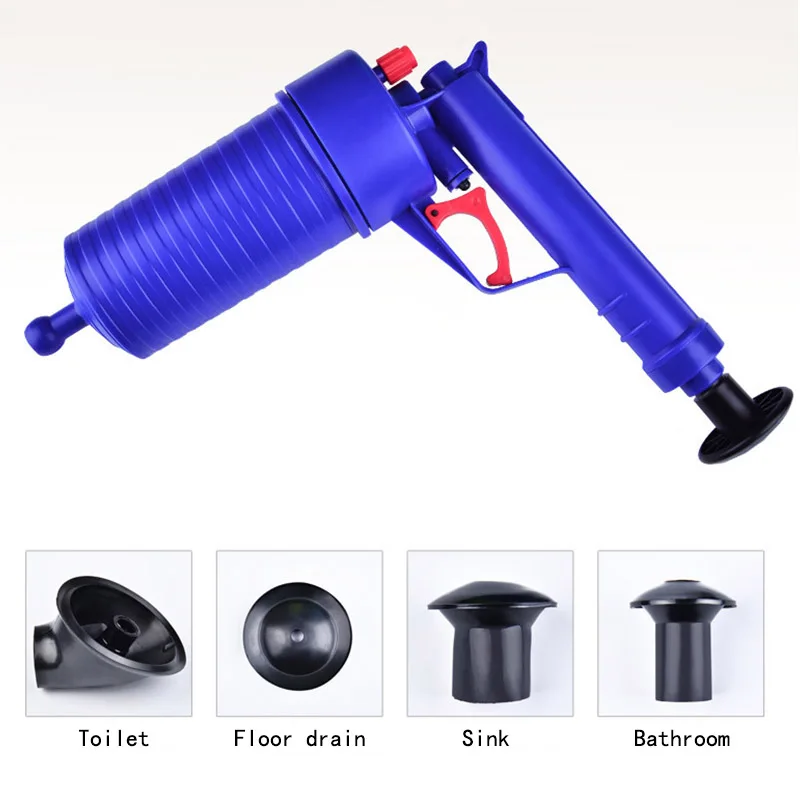 Toilet Cleaning Brush Bathroom Accessory Gun Type Floor Drain Suction Air Pressure Cleaning Tool 4 Plugs