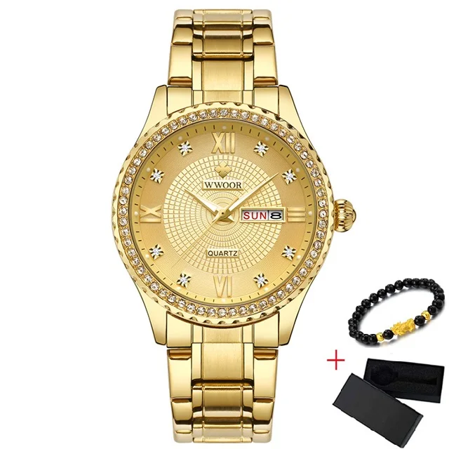 WWOOR часы с днями недели мужские роскошные день дата мужские s наручные часы водонепроницаемые мужские часы из нержавеющей стали Кварцевые спортивные часы подарок браслет - Цвет: Gold Gold Gold
