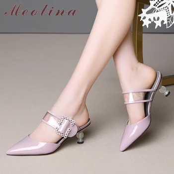 

Meotina Summer Mules Shoes Women Slides Natural Genuine Leather Crystal Strange Style Heels Shoes Transparent Buckle Slippers 43