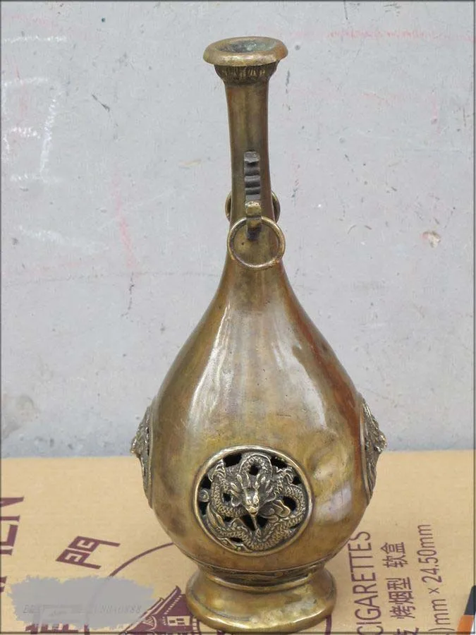 

14"China hollowed-out work inlaid with dragon flying rings conical flask VASE