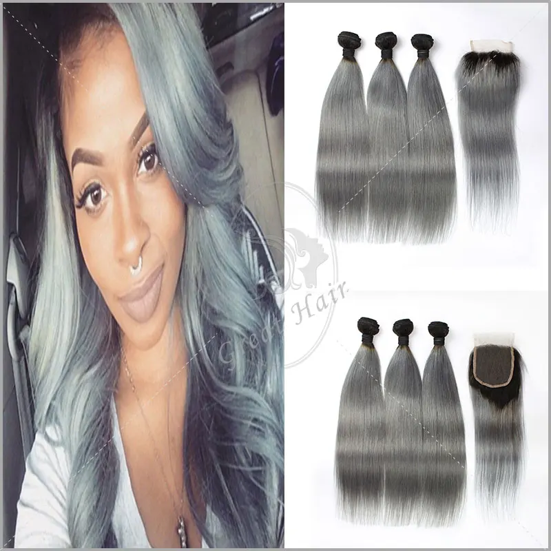 

7a Grade brazilian virgin hair with closure Ombre grey Hair Bundles With Closure Brazilian Virgin Hair With Free Part Closure