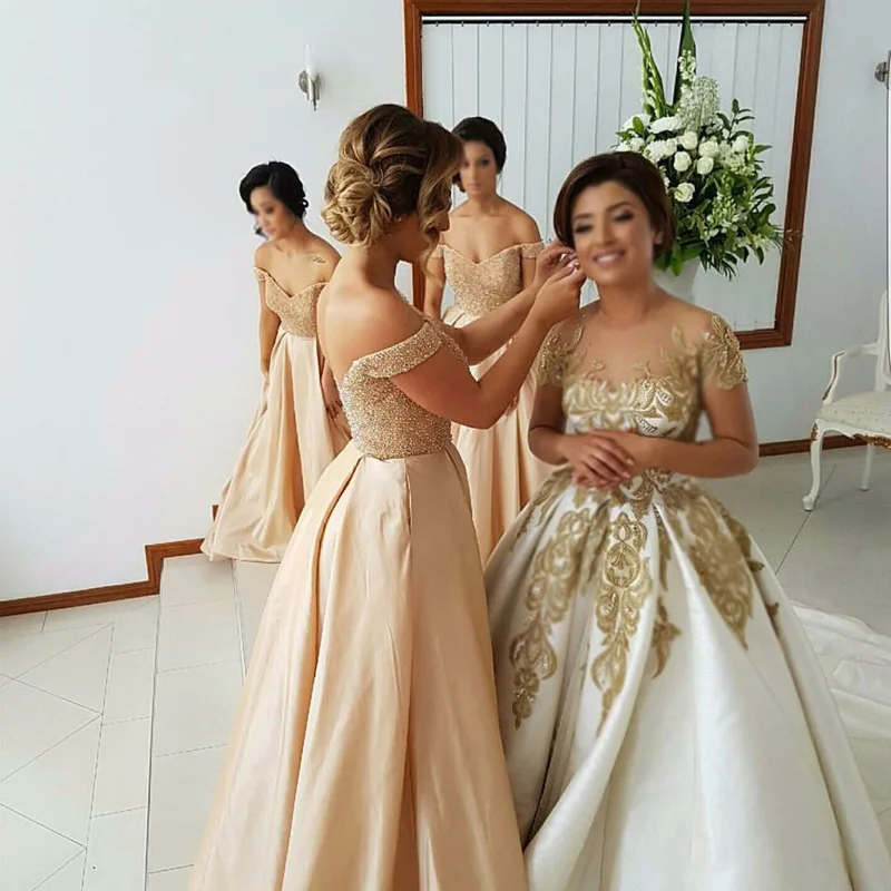 356 Sexy Gold Color Ballgown Long Evening Dresses V Neck Off the Shoulder Bridal Dresses Backless Crystal Beading Prom Gowns (2)