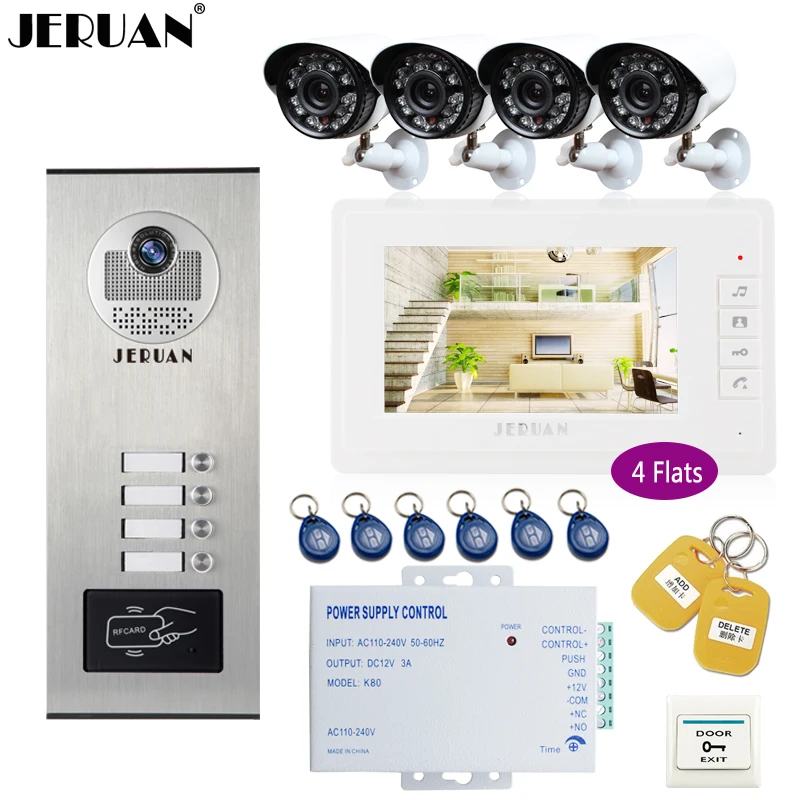 

JERUAN 7`` LCD Video Intercom Door phone system Kit RFID Access Entry Security Kit For 4 Apartment Camera + 4 CCTV Analog Camera
