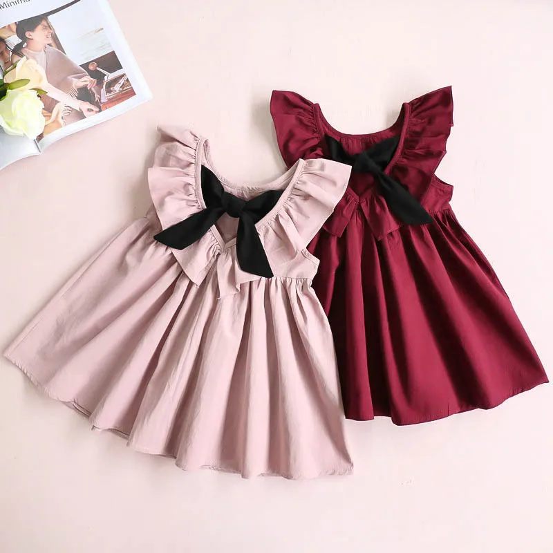 Dusty Rose Baby Girl Dress Ruffle Collar Children Clothes Backless Kids Clothes Summer Girls Dress with Bow  (2)