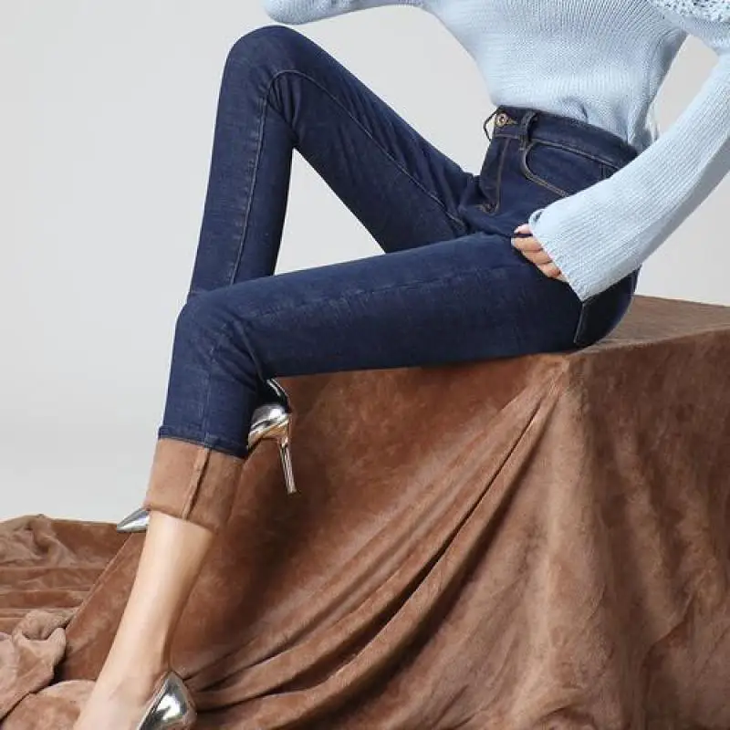Джинсы женские с бархатом толстые теплые джинсы Синие Серые джинсы узкие брюки женские эластичные джинсы для мамы брюки плюс размер женские леггинсы