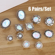6 пар богемные геометрические полые опал Комплект сережек для женщин винтажные каменные серьги-гвоздики женские массивные Brincos Ювелирные Изделия