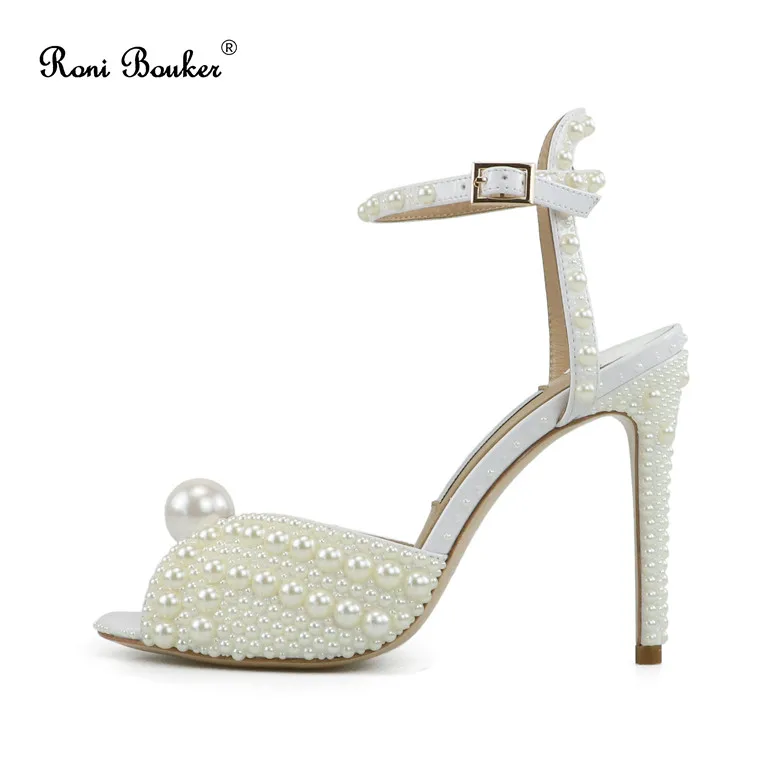 Roni Bouker/свадебные туфли ручной работы из натуральной кожи; роскошные женские босоножки на высоком каблуке с жемчугом; женские Вечерние Босоножки на каблуке - Цвет: White