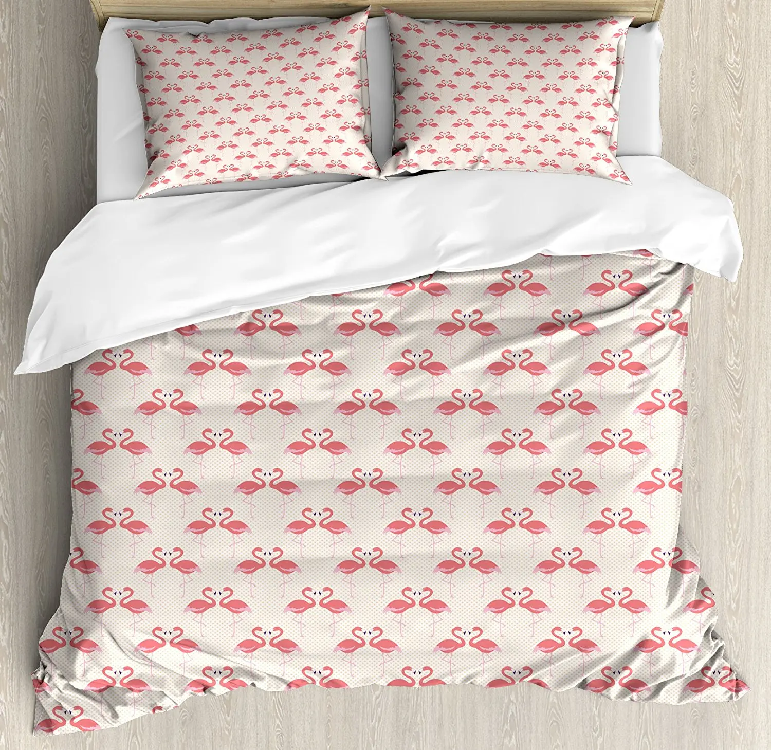 

Flamingo Duvet Cover Set Retro Style Little Polka Dots Cute Flamingo Couples Tropic Accents Bedding Set Beige Dark Coral Purple