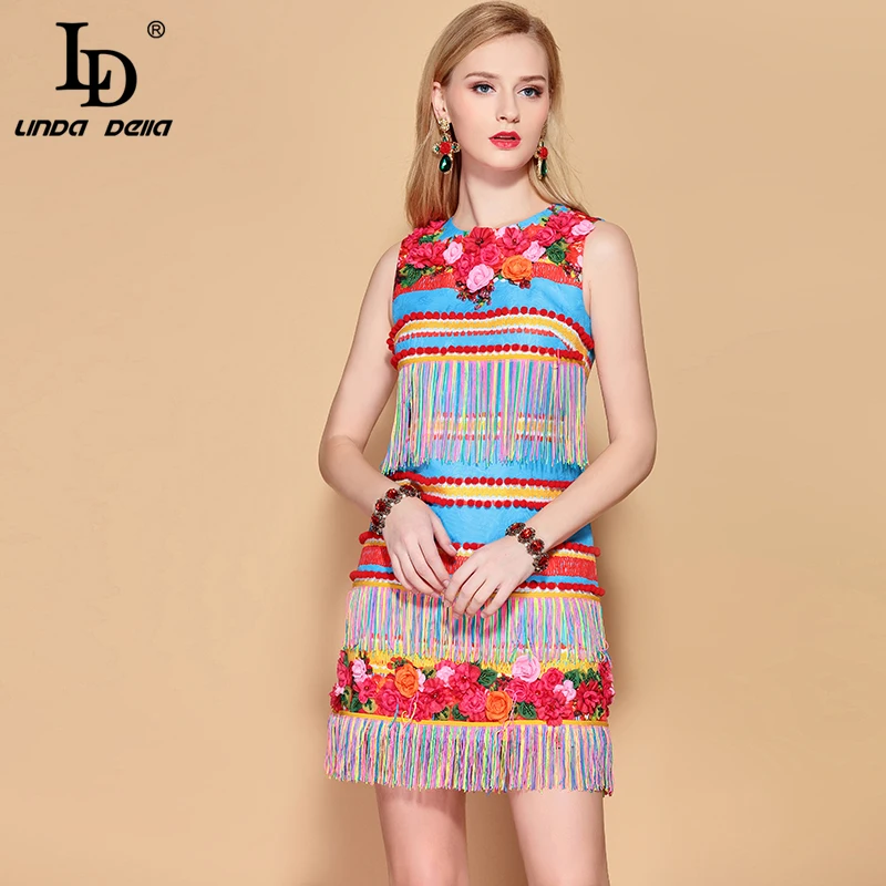 

LD LINDA DELLA 2019 Fashion Runway Summer Dress Women's Sleeveless Gorgeous Floral Appliques Tassel A Line Elegant Mini Dress