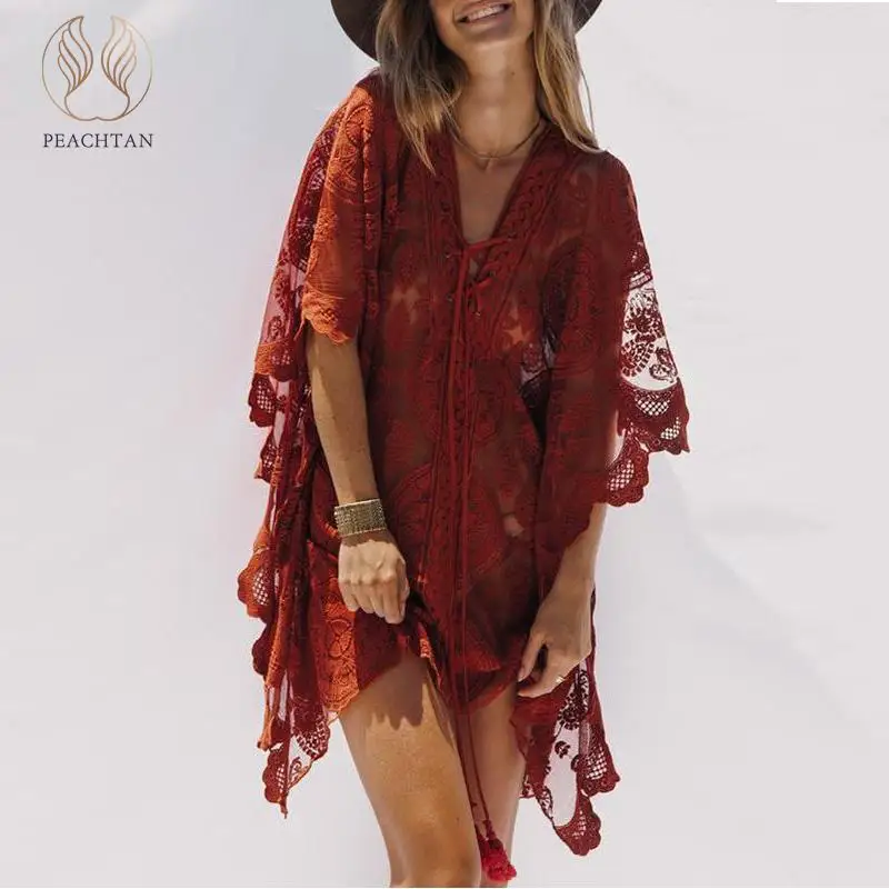

Peachtan 2019 Mesh Cover up Saida de Praia Embroidery Swimsuit Summer Beach Cover up Dress Sarong Kimono lace beach accessories