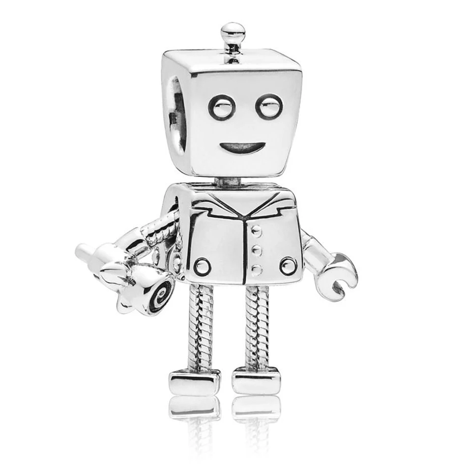 

Rob Bot Charm fit Pandora Bracelet Bangle Clear CZ Bead Girl Gift Authentic S925 Sterling Silver DIY Jewelry