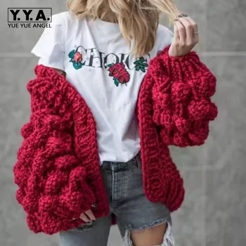 

Hot Sale Women Open Stitch Fashion Casual Lantern Sleeve Long Sleeve Cardigans Female Poncho Coat Jumper Knitting Sweaters Khaki