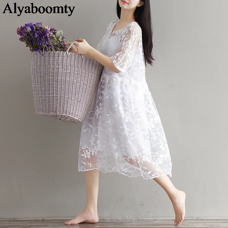 

2019 Mori Girl Summer Women Organza Dress V Neck Floral Embroidery Loose Tulle Dress Elegant 2 Pcs White Fairy Party Voile Dress