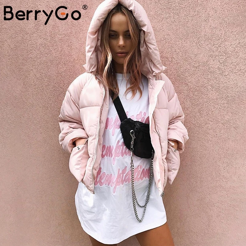 BerryGo Winter casual pocket hooded loose coat parka Women zipper padded streetwear parkas 2017 warm pink parka overcoat female