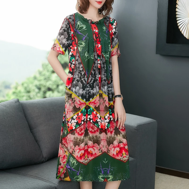 

Green Silk Dress 2019 Summer Plus Size Big for Women High Quality Print Floral Elegant Vintage Chinese Style Party Night Clothe