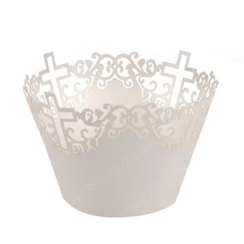 

60pcs Cross Baptism Cupcake Wrapper Wraps Christian Catholic Wedding Lace Out Cake Cupcake Wrappers Muffin Baking Cup Cake Decor