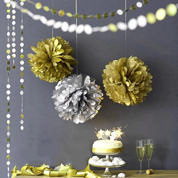 

9pcs 15cm/20cm/25cm Metallic Gold/Silver Tissue Paper Pom Poms Hanging Paper Flowers Wedding Birthday Party Event Decoration