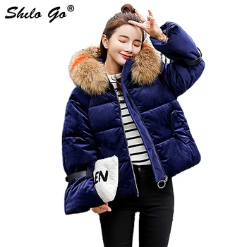

Lace up Fur collar Hooded women coat parkas Winter Elegant cotton warm coat Casual Gold velvet thicken outwear female Plus size