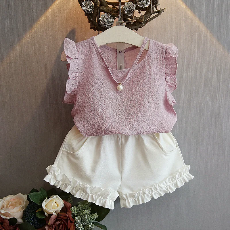 

Baby girls clothing sets 2018 summer sleeveless chiffon twinset 1-6y vetement enfant fille blouses & shorts female kids clothes