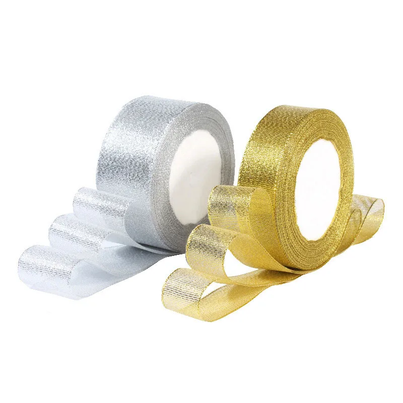 

High Quality 25 Yards Gold Silver Glitter Organza Ribbons Christmas Wedding Decorative Ribbon Tapes Gift Packaging Ribbons