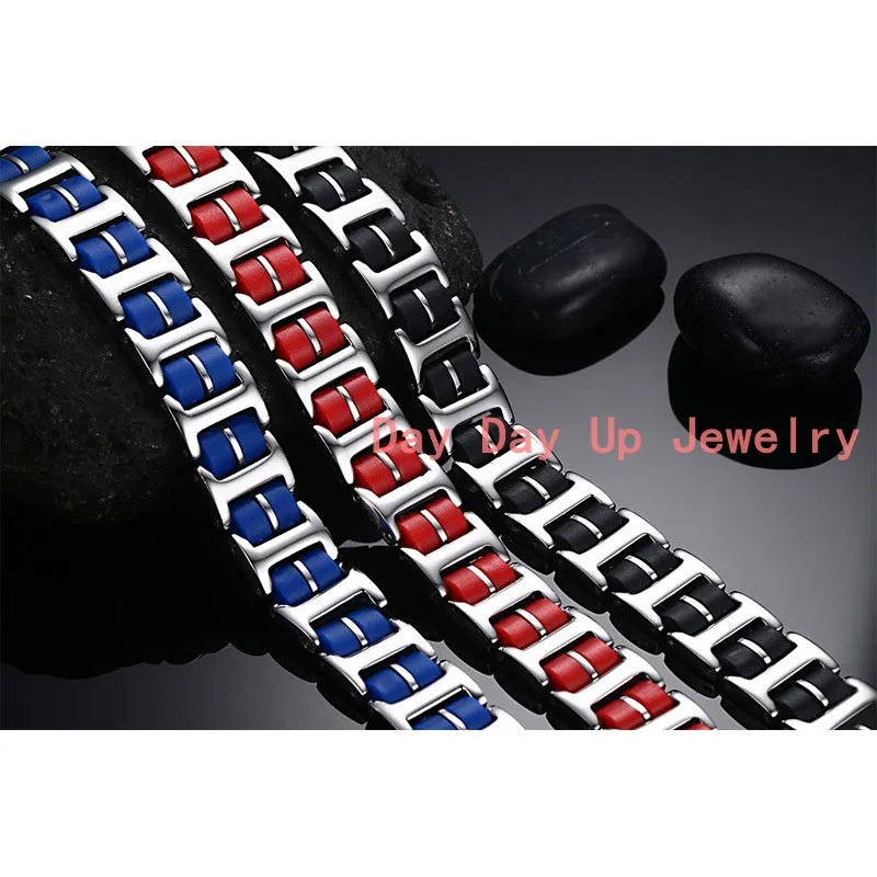 

8.46"*13mm 35g High Quality 316L Stainless Steel Silver Tone Link Chain Mens Womens Bracelet Bangle Black Blue Red Silicone Gift