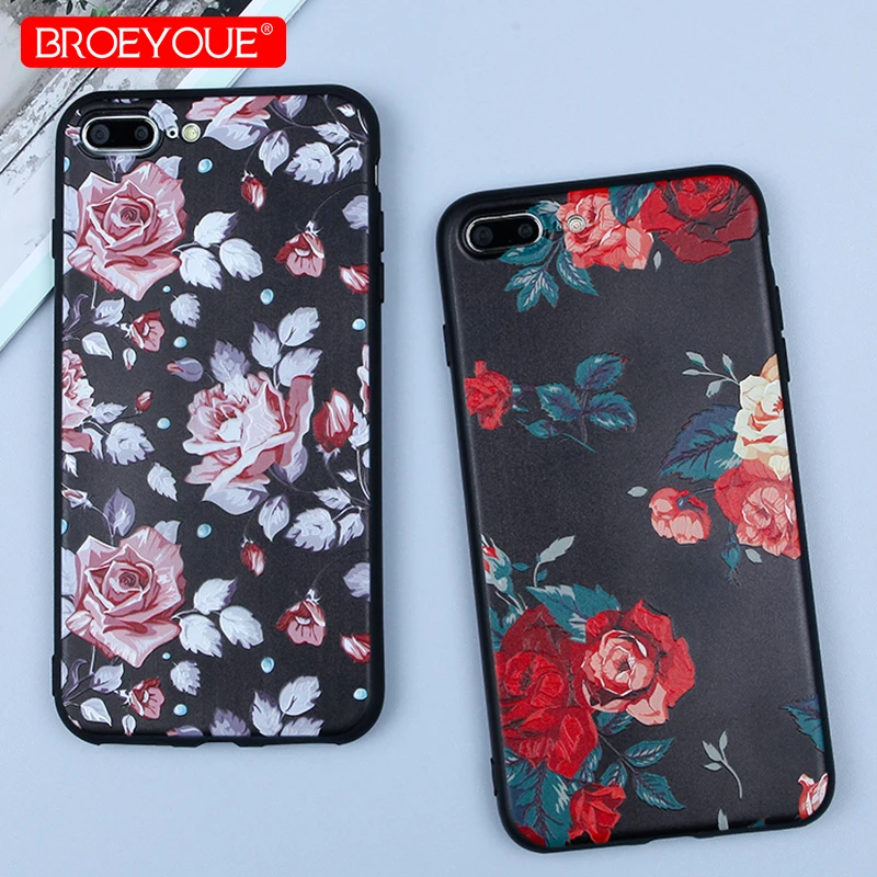 NROEYOUE For iPhone 7 8 Plus Case Black Luxury Cover 3D Relief Colorful Retro Floral X 5 5S 6 6S SE Matte Cases | Мобильные телефоны