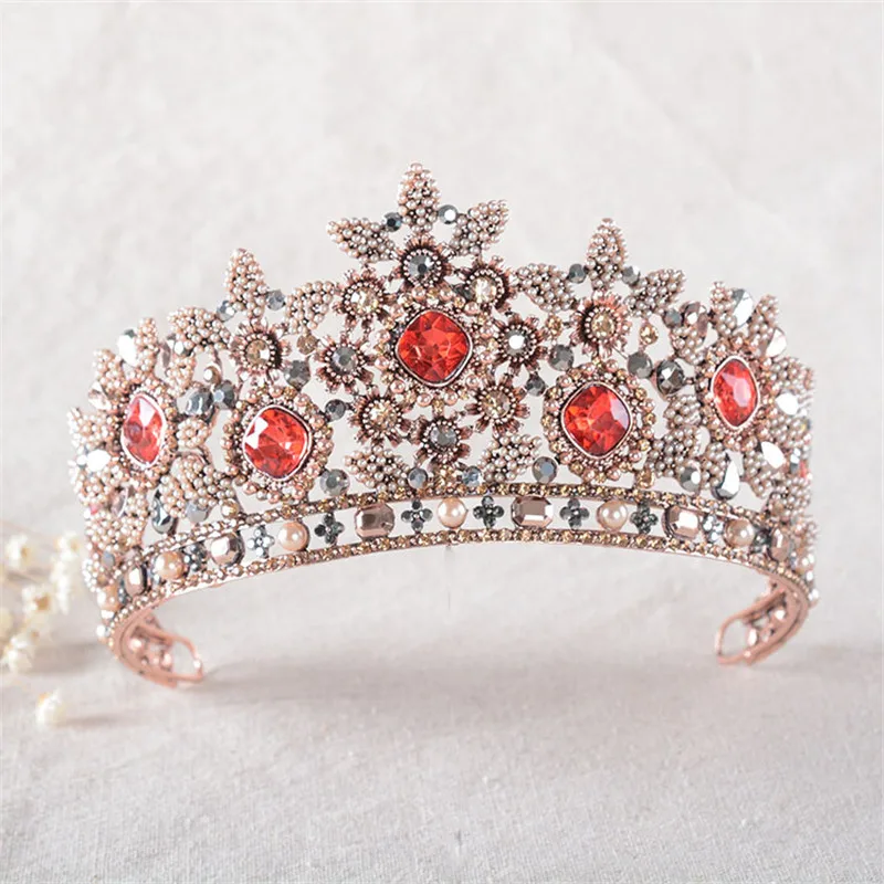 Snuoy Bright Shining Red Rhinestone Tiara Comb Millet Pearl Flower Bridal Hair Ornament Headband Bridal Headpiece