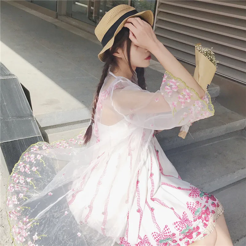 Cute Women's 2Pcs Set: Strawberry Printing Suspender Dress JSK + Peach Blossom Organza Cardigan Sweet Summer Women Fashion Girl