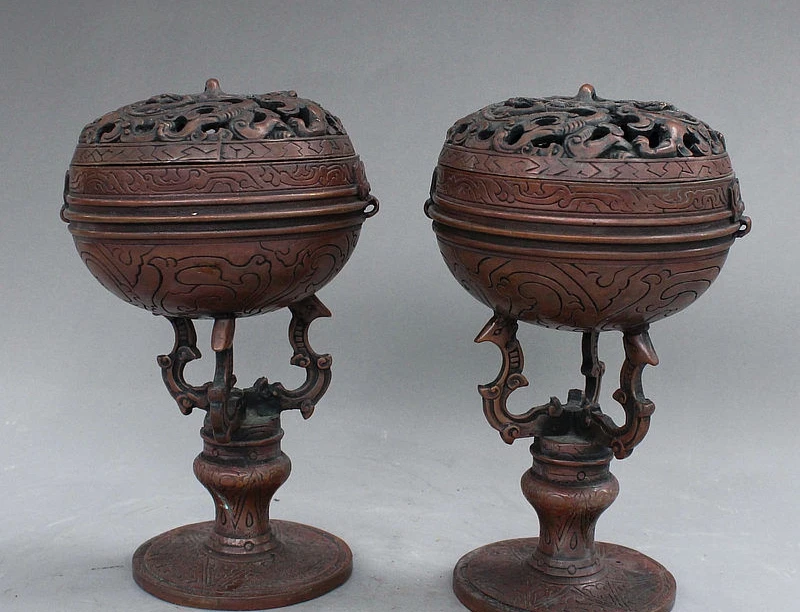 

6" Old China Buddhism Bronze Palace Dragon Hollow Lid Incense Burner Censer Pair