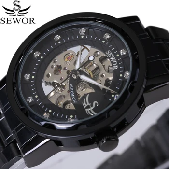 

Top Brand Watches Men Fashion Diamond Dial Design Mechanical Watch Black Stainless Steel Strap Luxury Men's Watch Relogio 2017