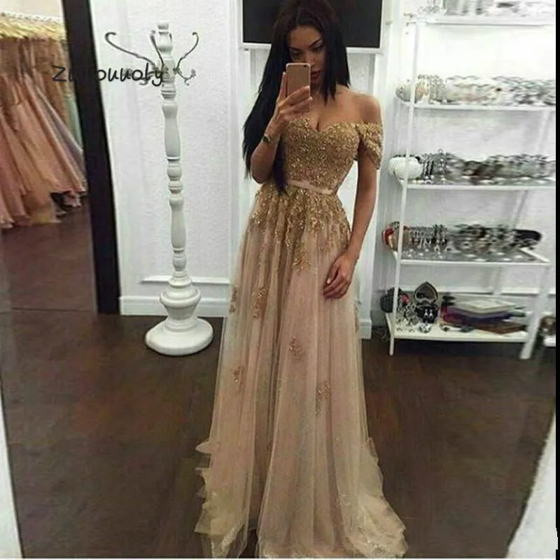

Champagne Off Shoulders Evening Dresses Gold Lace Prom Dress Long Beaded Fashion Formal Evening Gowns For Sale Graduation Dress