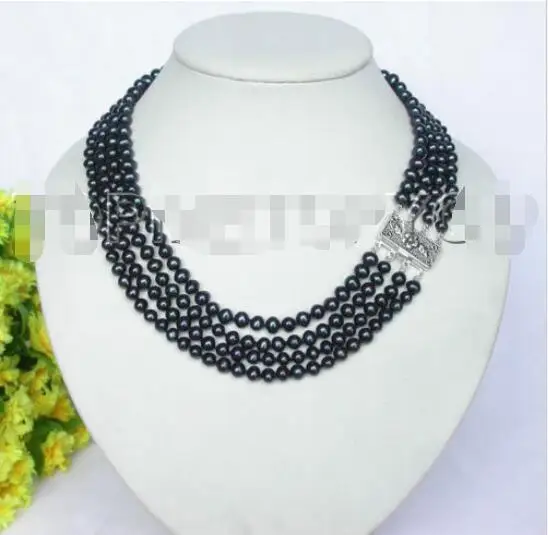 

Free Shipping >>>>16"-19" 6mm 4row round black pearls necklace 925 silver clasp E28