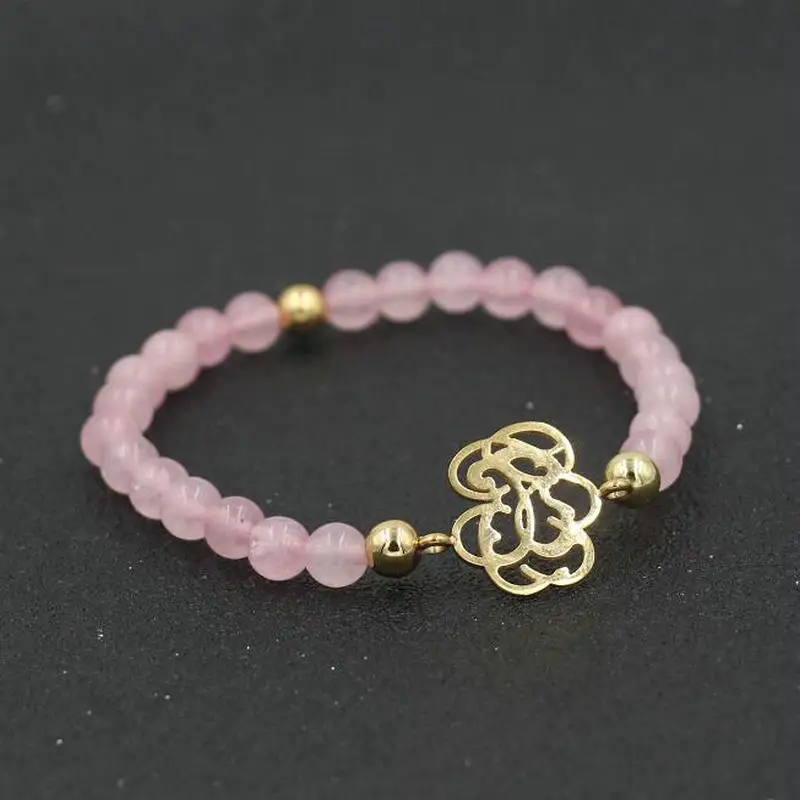 

Women Natural Pink Stone Beads Bracelet Gold Silver Color Stainless Steel Animal Strand Bracelets Girl Jewelry