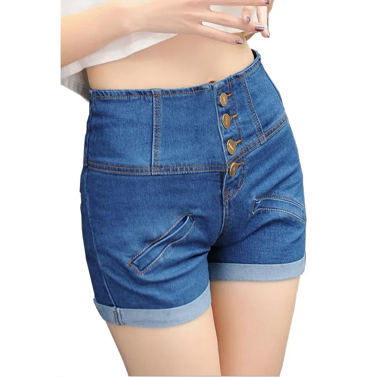 2016 Summer Women Shorts With High Waist Curl Denim Pockets Buttons Bodycon Sexy Jean Short Plus